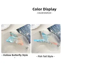 Detail of gradient blue and pink acetate hair claws in butterfly and fish tail shapes
