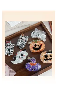 Ensemble détaillé de 7 pinces à cheveux Halloween en acétate, motifs citrouille et fantôme
