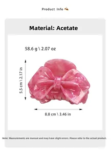 Pink marble pattern acetate bow hair claw clip with size measurements 8.8cm and 5.5cm