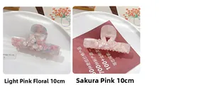 Detail of 10cm acetate hair claws with 3D floral designs and rhinestones in pink