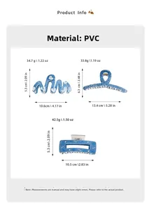 Größentabelle für blaue PVC-Haarklammern im Denim-Look mit Herz- und Musikmustern