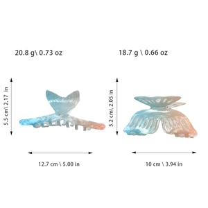 Gradient acetate fishtail hair claw clips showing dimensions and weight for women