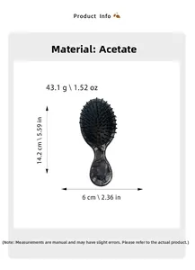 Detailed view of acetate massage hair brush with marble pattern texture and measurements