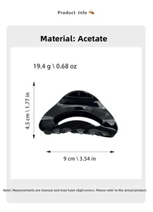 Detailed view of black acetate shark hair clip showing 9cm width and 4.5cm height dimensions