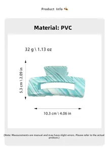 Detail view of large PVC hair claw clip featuring blue and white marble stripes with dimensions