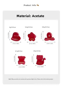 Detailed grid of red acetic acid hair clips in heart, flower, and bear shapes