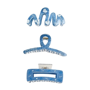 Blaues Haarklammer-Set im Denim-Look mit weißen Herz- und Sternmustern, 3-teilig