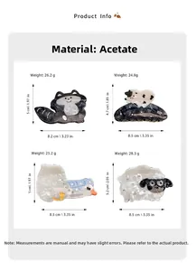 Detailansicht der Acetat-Tierhaarklammern mit Kuh- und Schafmotiven sowie Abmessungen