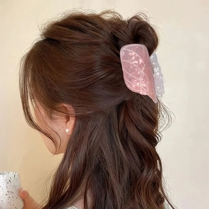 Pink translucent butterfly hair claw clip with pearls and rhinestones for long hair