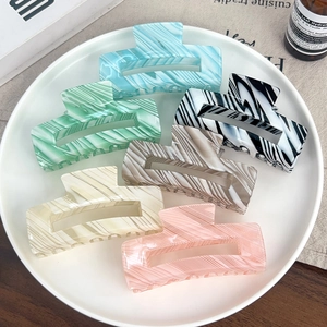 French Style Marble PVC Hair Claw Clip Large Rectangular Hollow Candy Color Striped Shark Clip Elegant Hair Accessories For Women