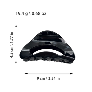 Minimalist black acetate triangle hair claw clip with cutout design and dimensions