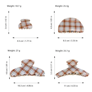 Tableau des tailles pour pinces à cheveux à carreaux marron en PVC avec mesures