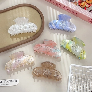 French Elegant Acetate Flower Rhinestone Hair Claw Clip Large Marble Pattern Non-Slip Shark Clip For Women Hair Styling