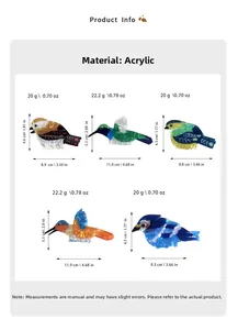 Detailed size specifications for various colorful bird-shaped acrylic hair claws