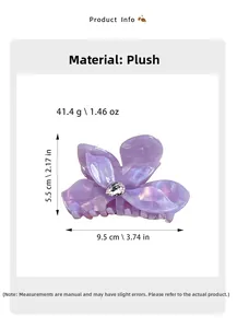 Detailed view of purple floral acetate hair claw clip with crystal rhinestone center and measurements