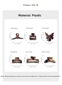 Detailed size chart for square acetate hair claw clips with weight and dimensions info