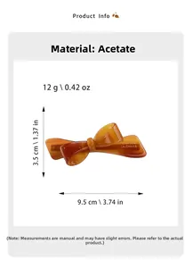 Detailed size chart of a 9.5cm brown acetate bow hair clip with tortoiseshell texture