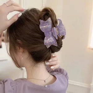 French vintage purple glitter acetic acid bow hair claw clip for elegant women styling