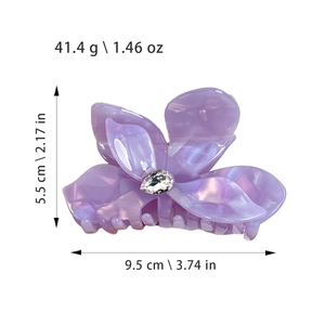 Purple flower acetate hair claw clip with crystal rhinestone and pearlescent finish