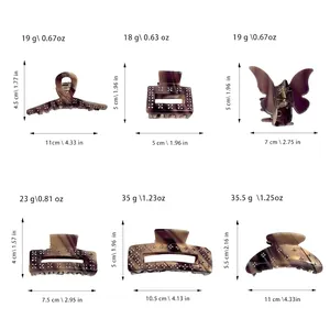 Size guide for acetate hair claws in various shapes including butterfly and rectangle styles