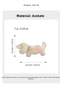 Détail de la pince à cheveux teckel en acétate avec dimensions et poids indiqués
