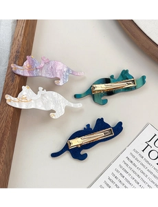 Détails des barrettes chat en acétate aux couleurs rose marbré, blanc, vert et bleu
