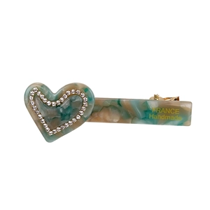 Barrette à cheveux élégante en acétate marbré avec cœur en strass et texte gravé