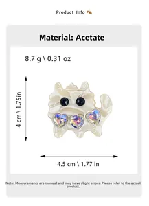 Detailed view of cat-shaped acetate hair clip with dimensions 4cm height and 4.5cm width