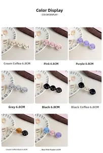 Detailed close-up of cartoon puppy hair clips in eight colors with 6.8cm size mark