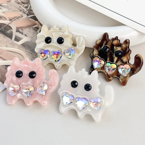 Cute Cat Shape Acetate Hair Clip With Rhinestone Inlaid Heart Pattern Cartoon Side Clip For Women Hair Styling Accessory