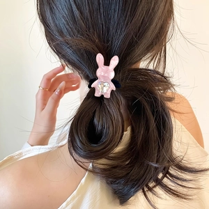 Élastique à cheveux lapin rose en acétate avec cristal en cœur sur bande souple