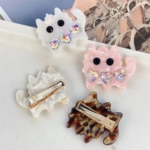 Cute acetate cat hair clip set with sparkling rhinestones in assorted colors