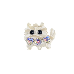 Cute cartoon cat hair clip with marble resin and sparkling heart-shaped rhinestones