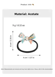 Detailed size specifications for acetate bow hair tie with blue marble texture