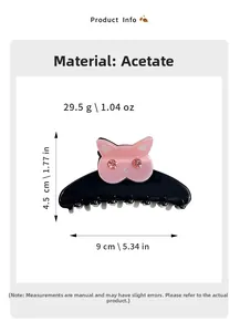 Détail de la pince à cheveux hibou avec strass roses et dimensions en acétate poli