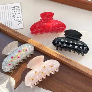 Pince à Cheveux en Acrylique Paillettes Étoile Lune pour Femmes Élégante Pince Requin Céleste Motif Marbre Accessoires de Coiffure