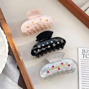 Pinces à cheveux élégantes en acrylique avec motifs étoile et lune, rose, noir et argent