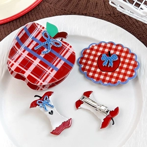 Retro Red Plaid Apple Hair Claw Clip Creative Apple Core Hairclip Sweet Gingham Bow Hair Accessories For Women Girls