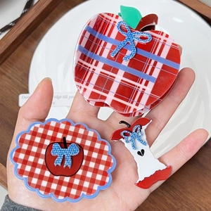 Vintage red plaid apple hair claw clip and bow hairpin set for women's autumn winter style