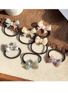 Set of 7 high-elastic hair ties with colorful acetate marble bow accents and handmade texture