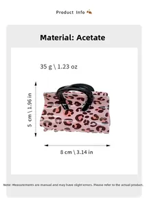 Technical specs of acetate hair claw clip in pink leopard print with 8cm length