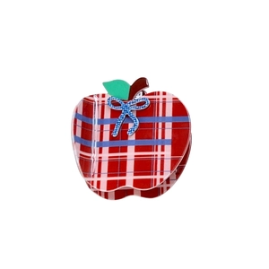 Vintage red plaid apple shaped hair claw clip with a blue bow and green leaf detail