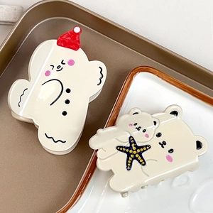 Cute Korean acetate hair claw clips featuring snowman with red hat and bear with starfish