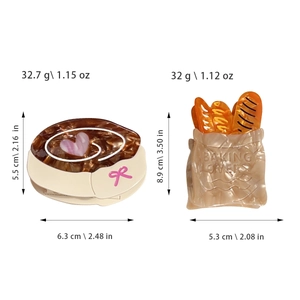 Innovative acetate hair claws featuring dessert and French baguette bakery designs