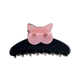 Pince à cheveux chat en acétate élégante avec visage de chat rose et accents de strass brillants