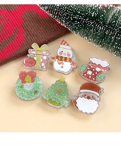 Detailliertes Set aus 6 Glitzer-Harz-Weihnachtsbroschen mit Weihnachtsmann und Schneemännern