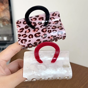 French stripe leopard and pearl acetate handbag hair claw clips with ring handle