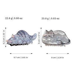 Cute acetate cat hair claw clips set in blue and grey marble with size specifications