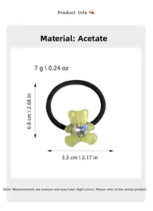 Detail showing bear hair tie dimensions 6.8cm by 5.5cm with acetate material description