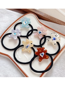 Set of 6 colorful acetate cartoon bear hair ties with sparkling heart rhinestones